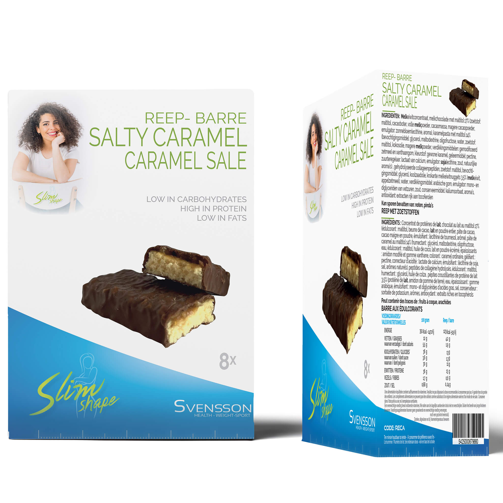 Box met 8 eiwitrijke Chocoladerepen Salty Caramel Svensson