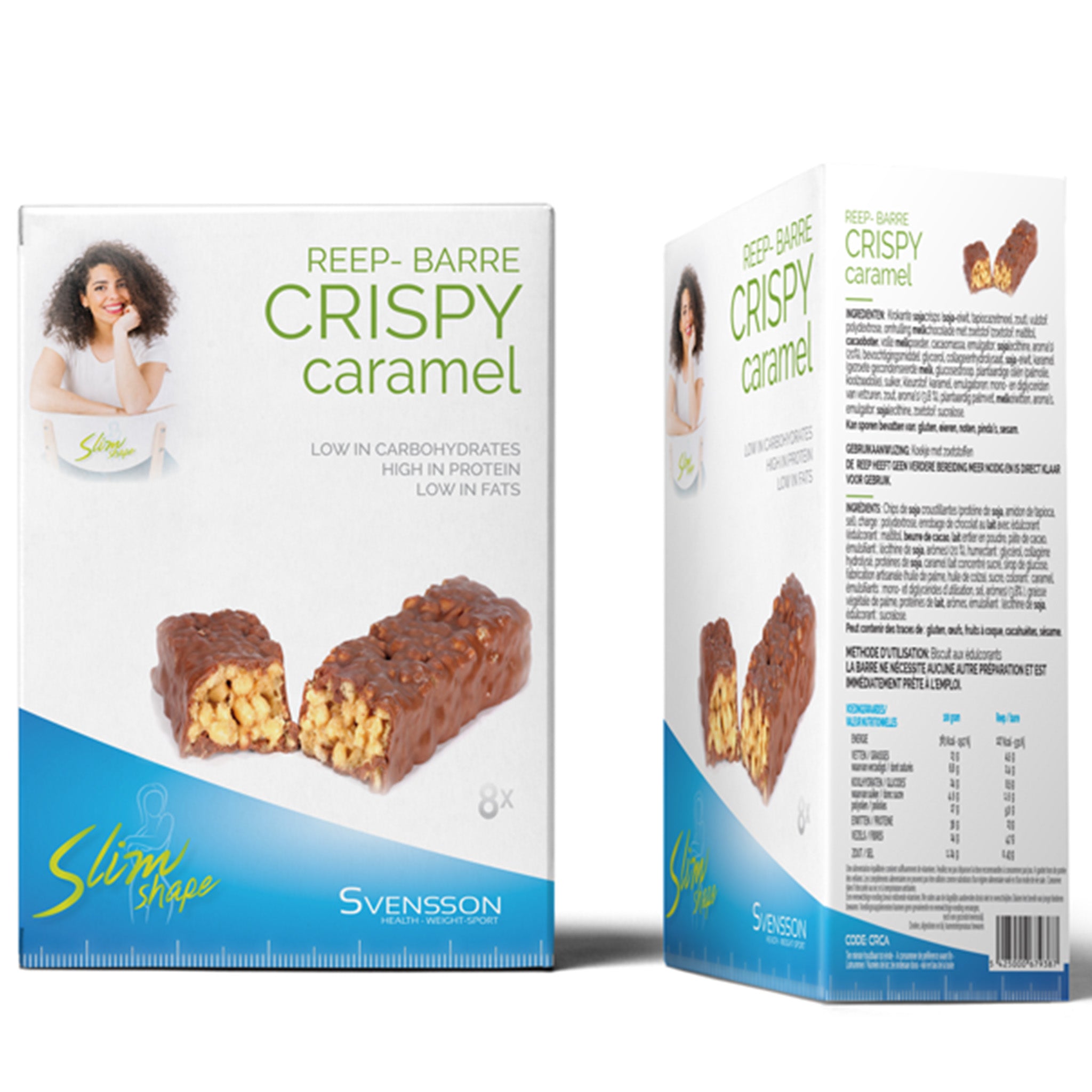 Crispy Caramel Proteine bar een gezond eiwitrijk tussendoortje zijkant box